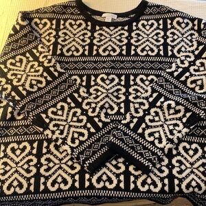 J Jill Black White Nordic Heart Knit Sweater Wool Blend Winter Knit SZ M Petite